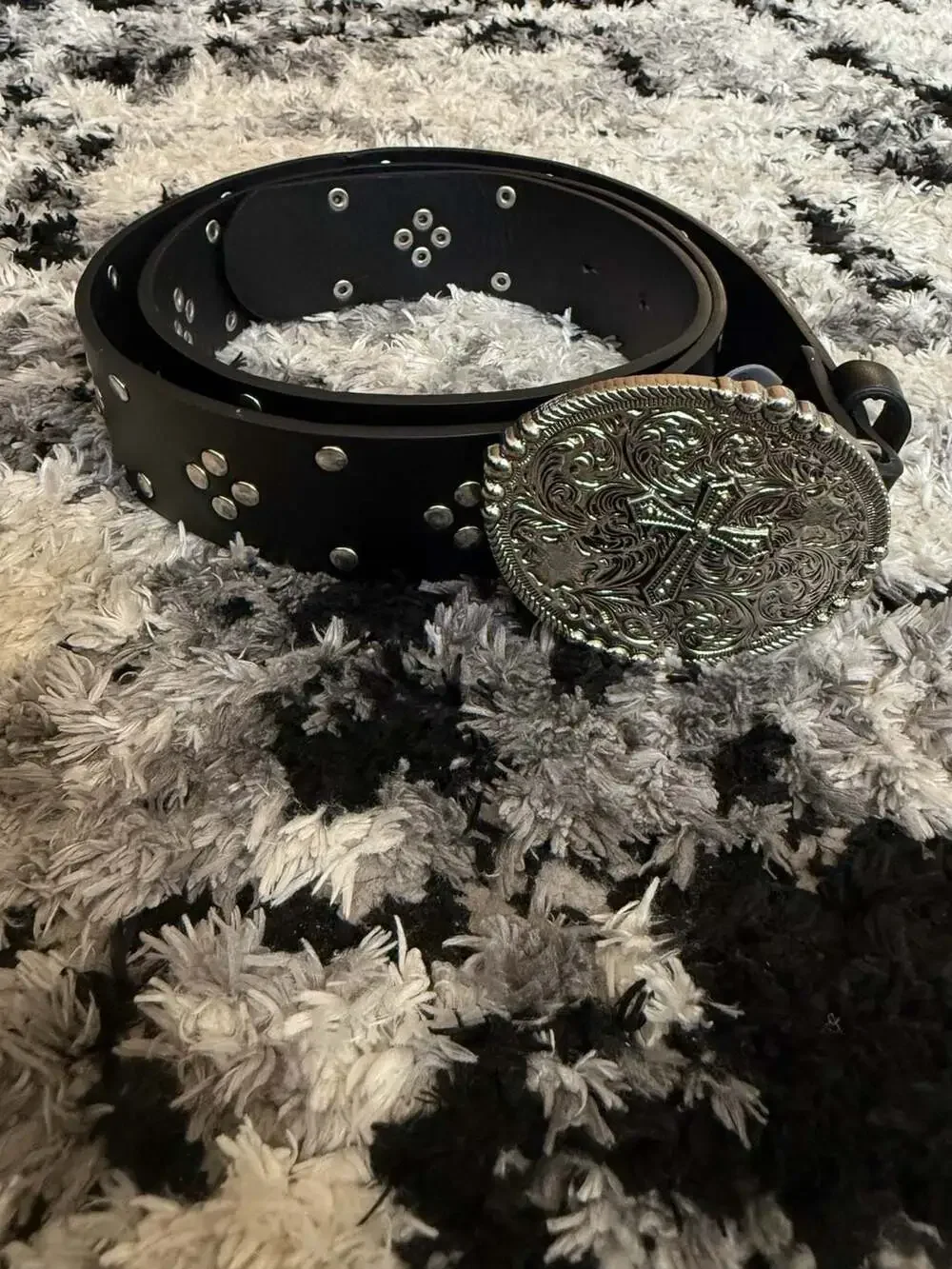 Black Faux Leather Studded Belt with Ornate Silver Gothic Cross Buckle Size M IM